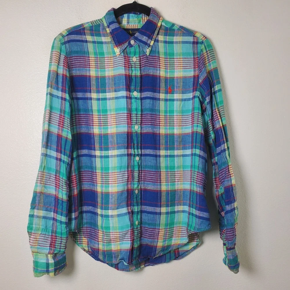 Ralph Lauren Multicolor Plaid Slub Linen Button Down Shirt Blue Green Youth Lg
